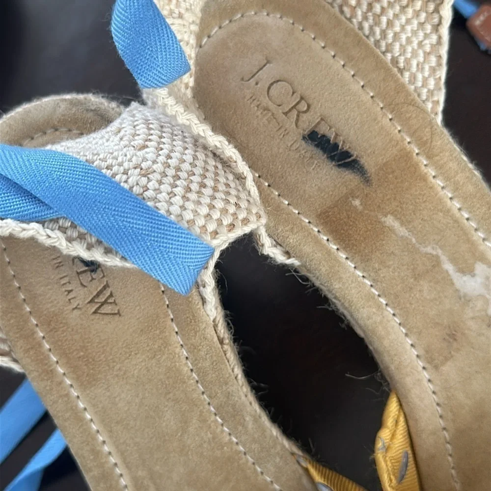 J. Crew Womens Marianne Espadrilles Tie Wedges Yellow Light Blue Spa Whales Sz 8